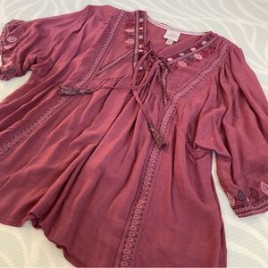 Knox Rose Foral Wavy Boxy Tie Front Embroidered Boho Blouse Top Shirt